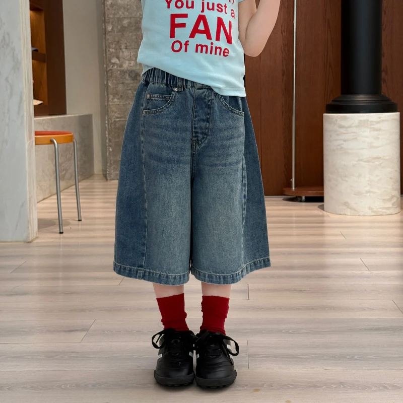 SKD2567【亲子】女大童韩版时髦牛仔中裤夏装新款宽松简约直筒短裤