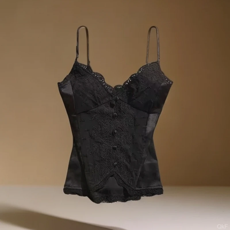 轻奢春夏女背心打底外穿黑色蕾丝小吊带新中式醋酸美背国风薄款女