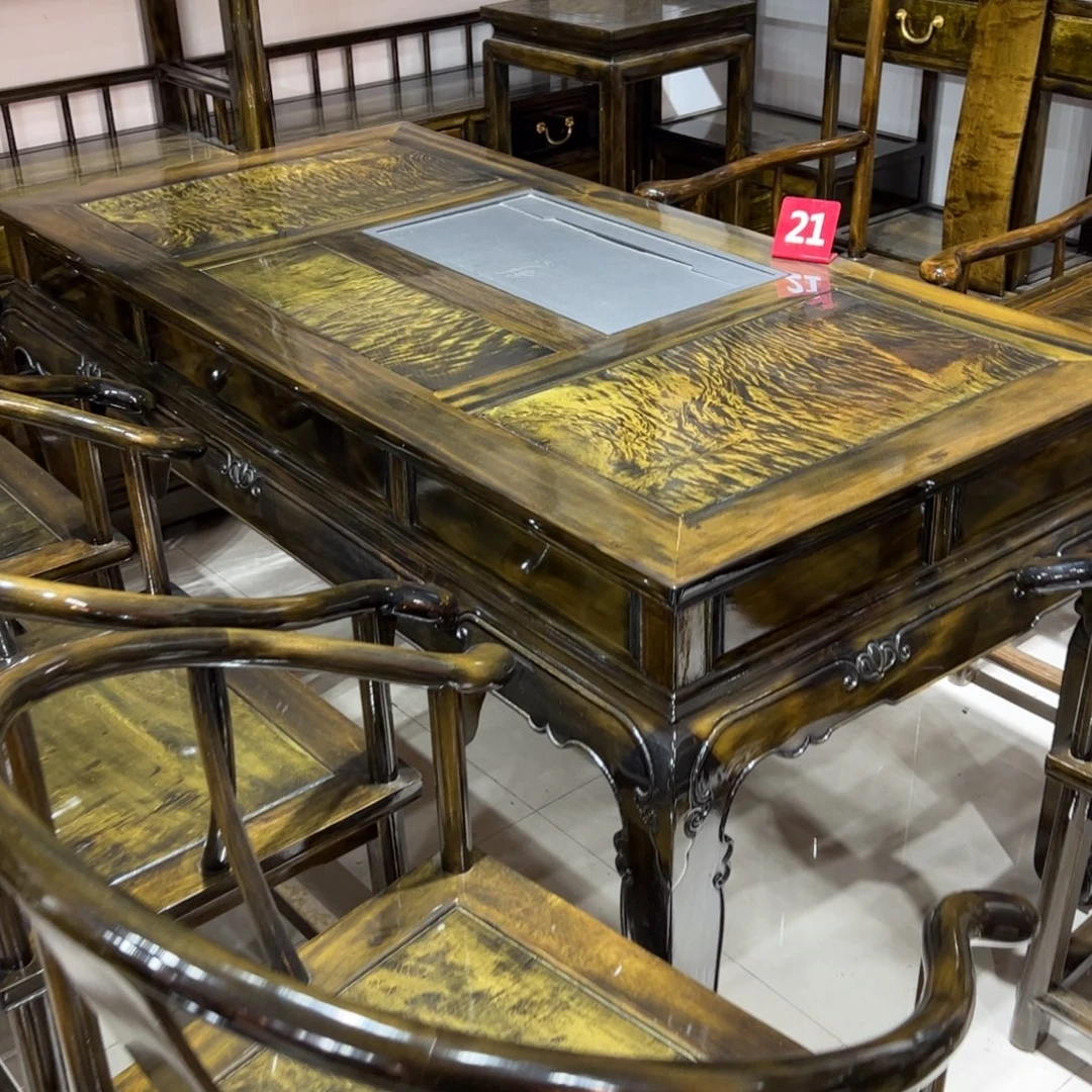 雁***寒木质类金丝楠茶桌七件套