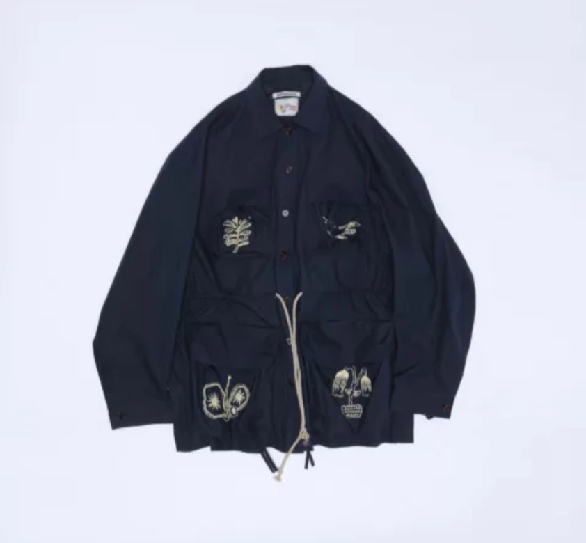 fafamoon四口袋薄形外套女刺绣抽绳