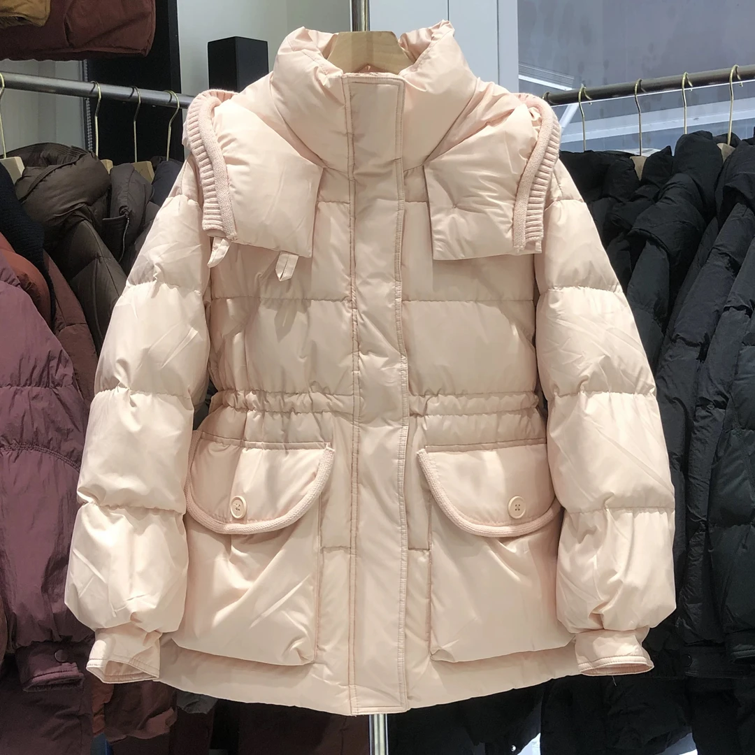 7998时尚针织拼接连帽羽绒服女冬季新款韩版宽松收腰显瘦保暖外套