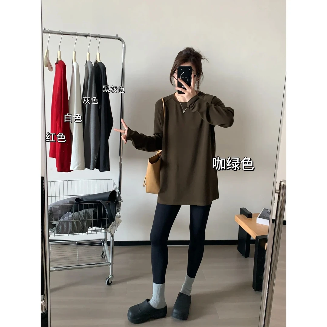 大码200斤韩版简约正肩纯色中长款显瘦打底衫女百搭加厚长袖上衣