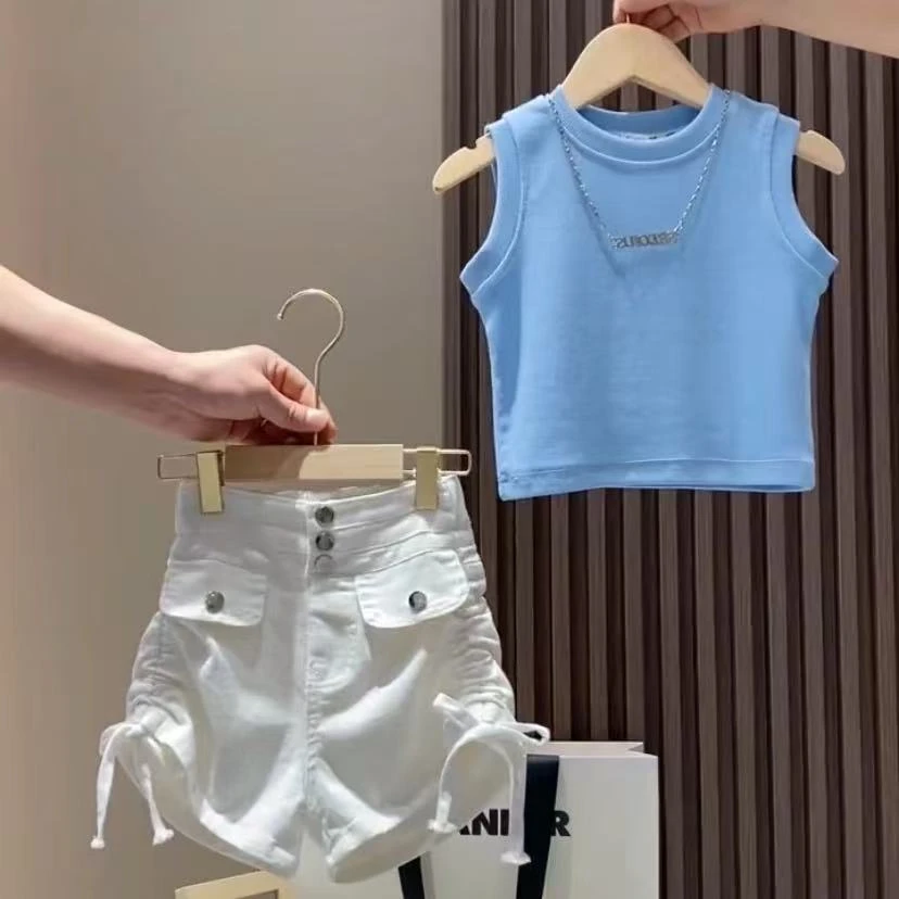 女童辣妹套装夏季2025新款女孩夏装洋气白色短裤儿童韩系穿搭背心