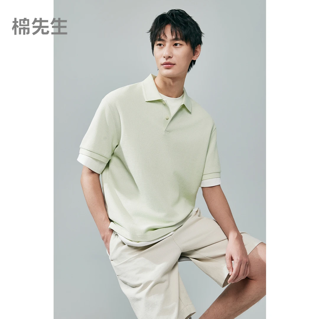 棉先生618微宽松全棉六角大眼珠地翻领短袖衫POLO363802007