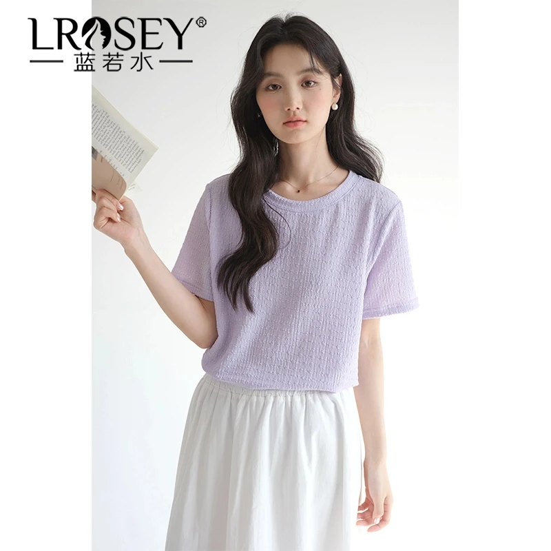 【胖MM肌理感提花短袖T恤】蓝若水大码女装春简约宽松别致上衣86723