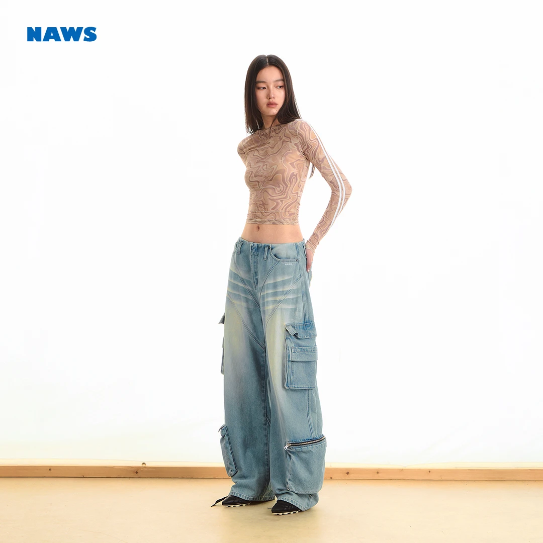 NAWS 流沙透视 Tee 裸感网纱印花薄款弹力收褶修身显瘦长袖T恤