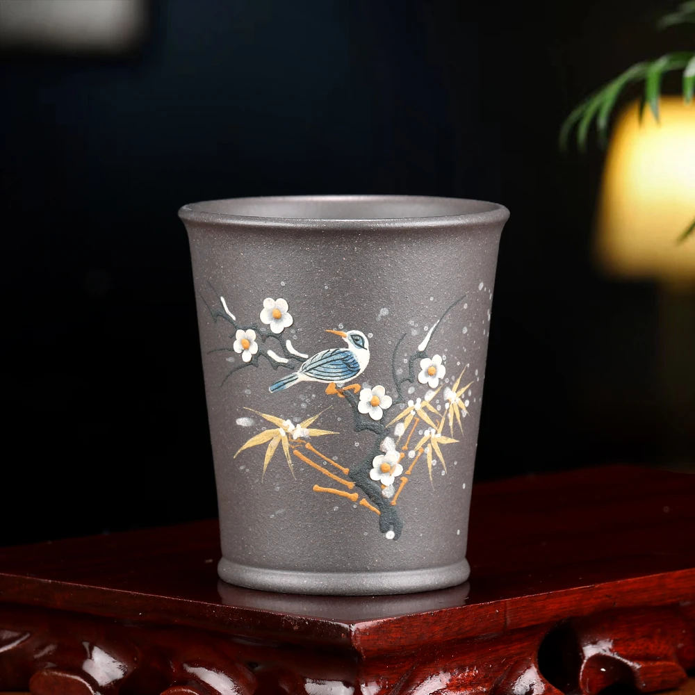 宜兴原矿紫砂主人杯 天青泥   泥绘   雀上枝头36