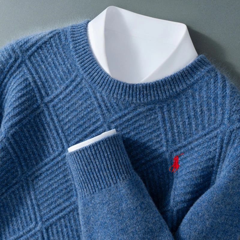 男装七针加厚刺绣菱形斜纹圆领100羊毛衫商务休闲软糯保暖冬季