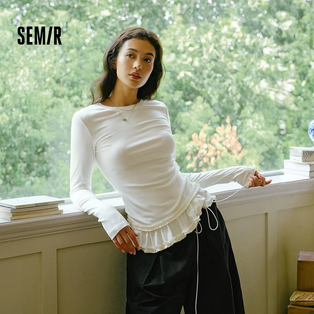 森马长袖T恤女纯色木耳边气质紧身冬时尚新款荷叶边上衣简约甜美