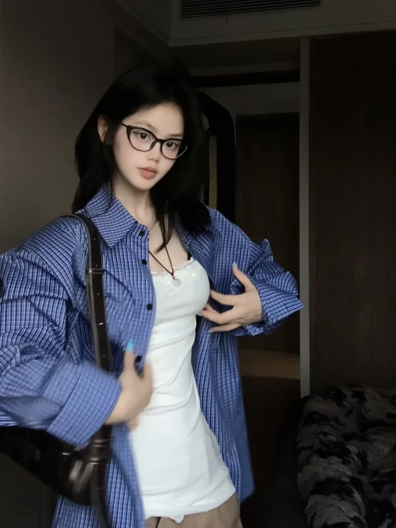 Ouipack英文刺绣长袖衬衫2025春季新款港风宽松薄款格子外套女