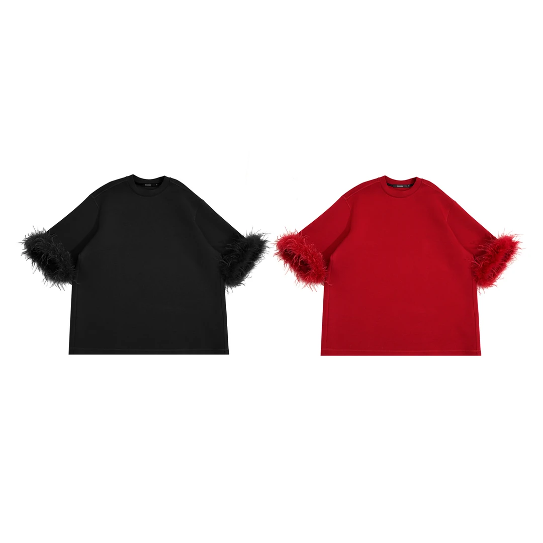 2025年新款限定-袖子轻奢高级感美式街头拼接鸵鸟毛羽毛T恤151225