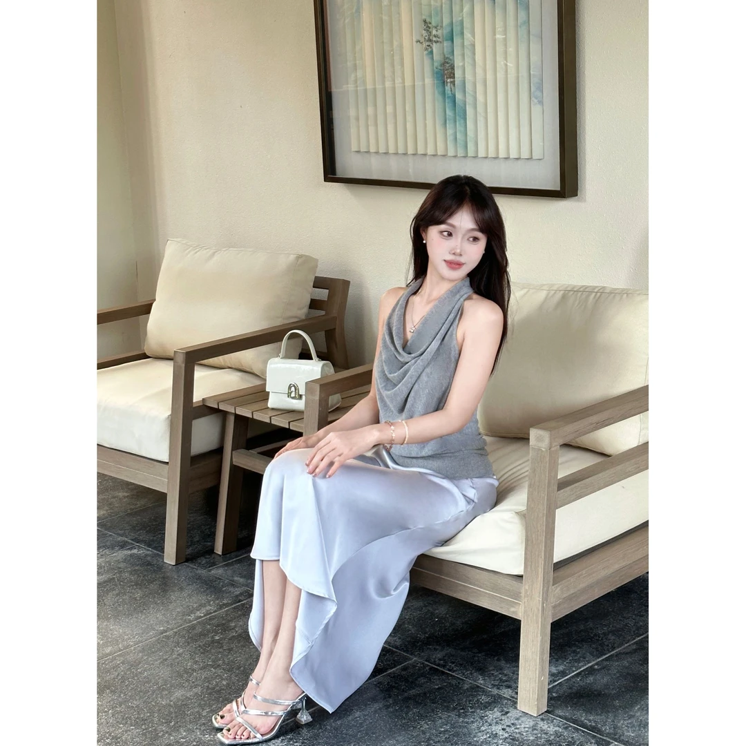 刘婆子店铺款【亚麻感荡领挂脖】设计感露背辣妹荡领挂脖女H25039