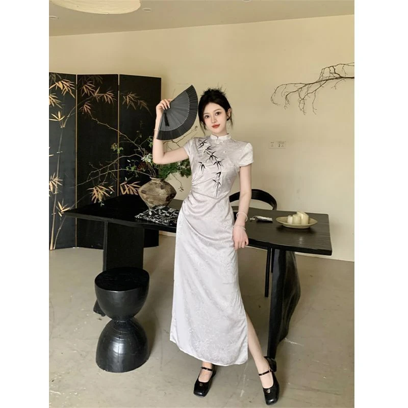 画报夫人大码女装夏季胖mm新中式竹子旗袍裙修身显瘦中长款提花连