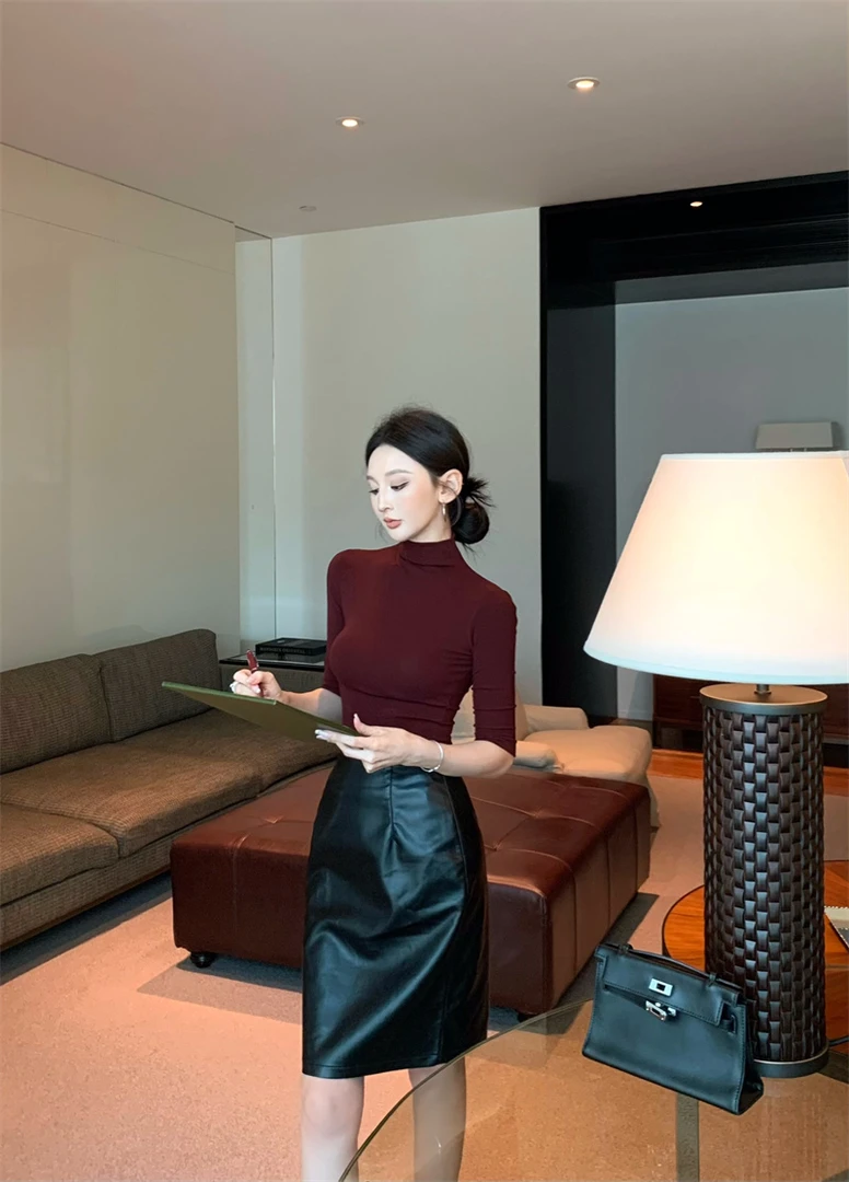 复古气质修身显瘦辣妹T恤上衣半身皮裙套装22763#秋季秋冬裙子