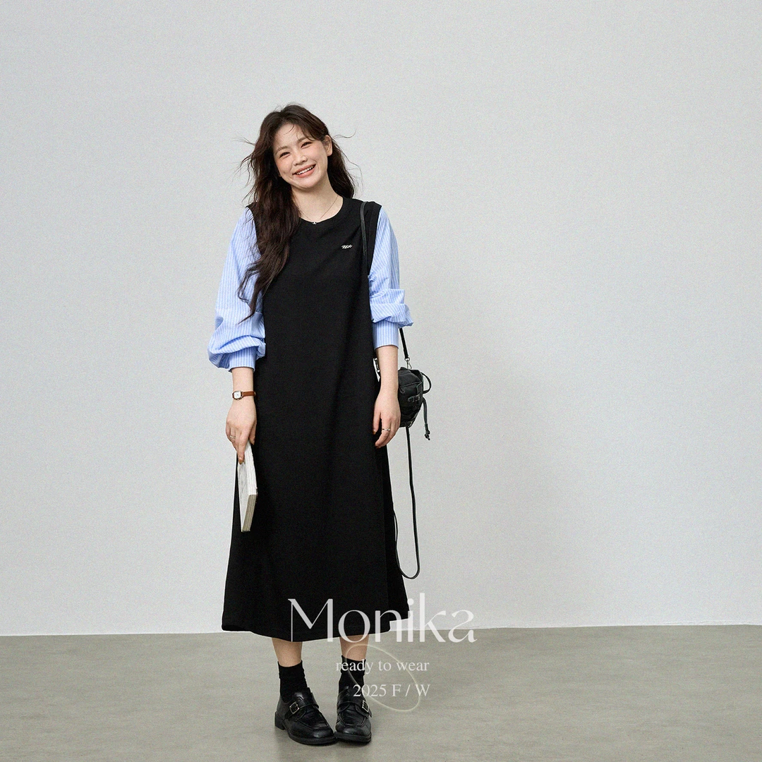 大码女装韩系条纹长袖拼接连衣裙胖mm宽松遮肚显瘦气质长裙76163