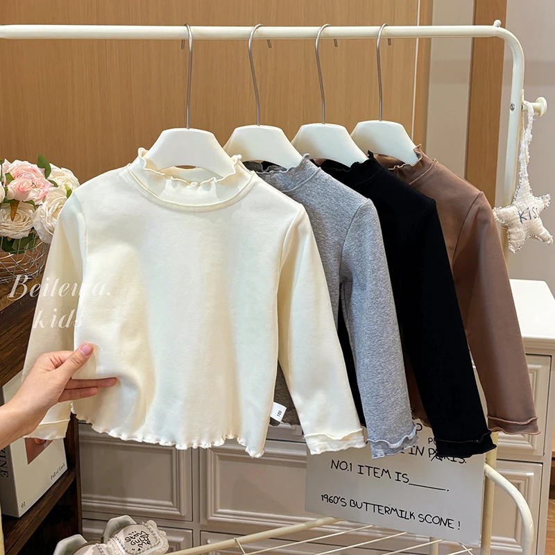 新款女童春秋百搭花边纯色打底衣女宝宝韩版休闲时尚洋气打底衫潮