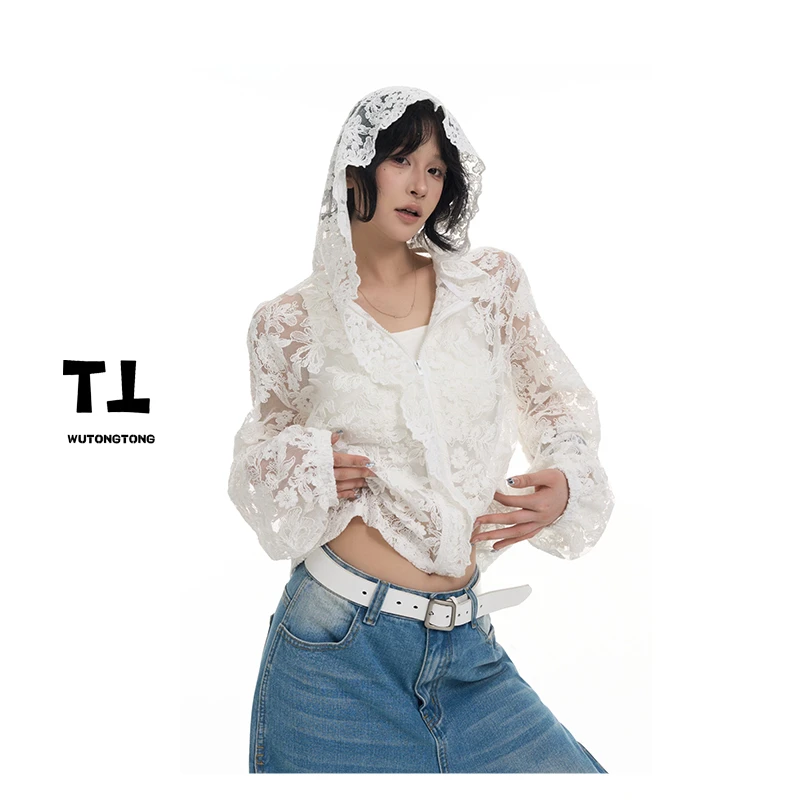 现货【绵绵蕾丝】早秋新款镂空连帽蕾丝衫韩版休闲长袖上衣62508
