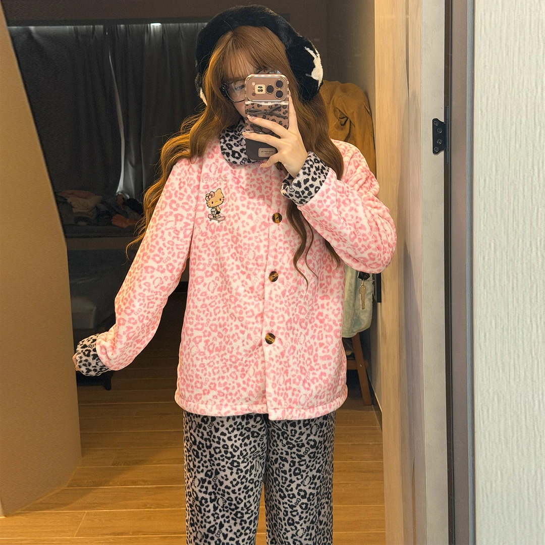 珊瑚绒睡衣女秋冬季大码加厚法兰绒粉豹纹猫套装可外穿冬天家居服