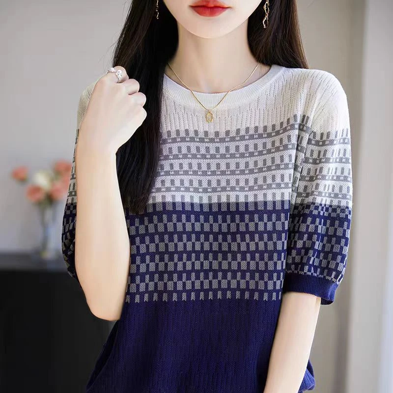 【千鸟格】针织衫女短袖T恤2025夏季新款高级感小个子宽松薄款t上衣