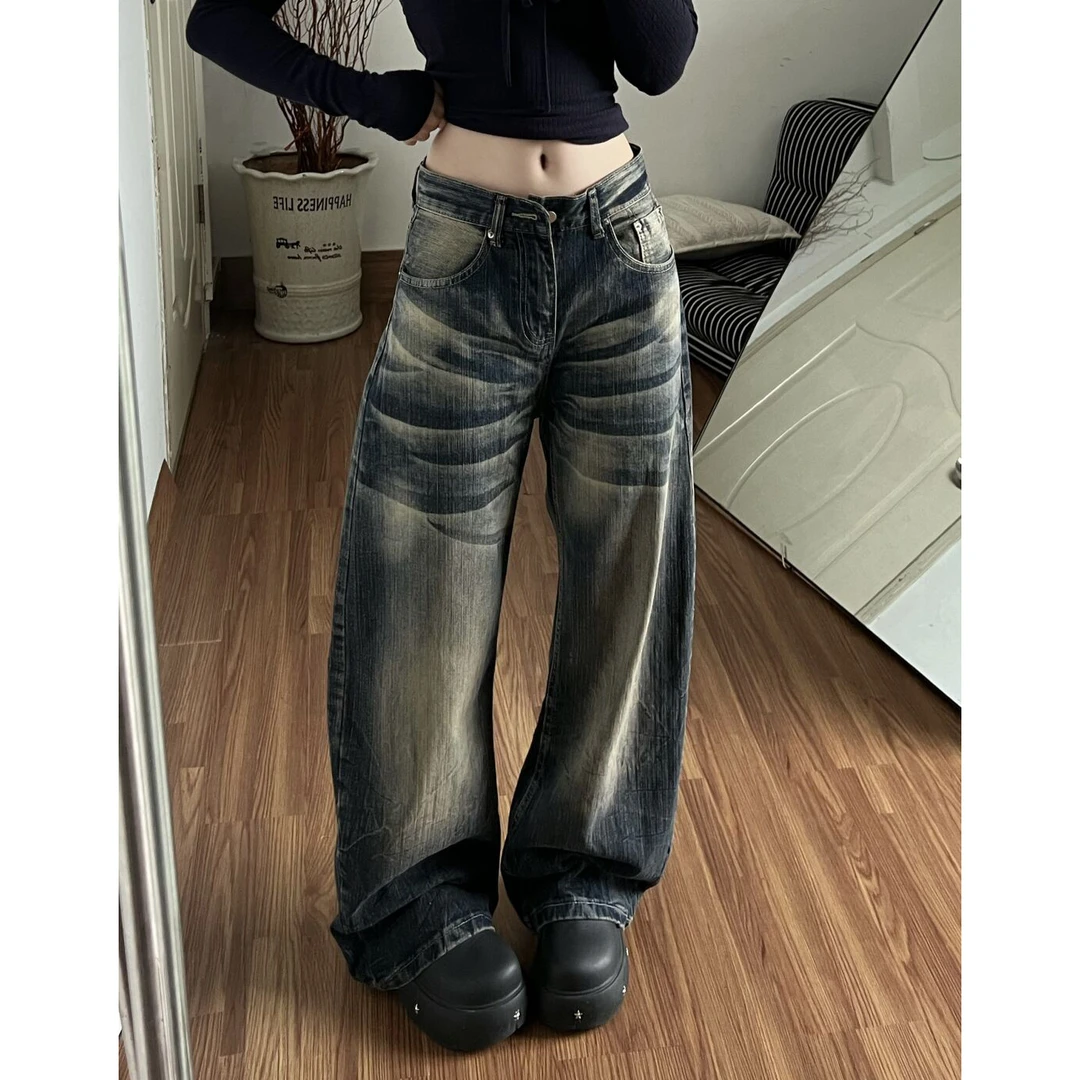 微胖mm深蓝色做旧显瘦牛仔裤女冬季美式vibe风高腰设计感直筒长裤