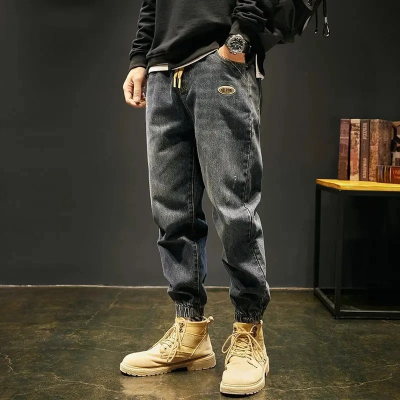 秋冬款复古牛仔裤男宽松大码束脚加绒加厚哈伦裤男士冬季潮牌裤子