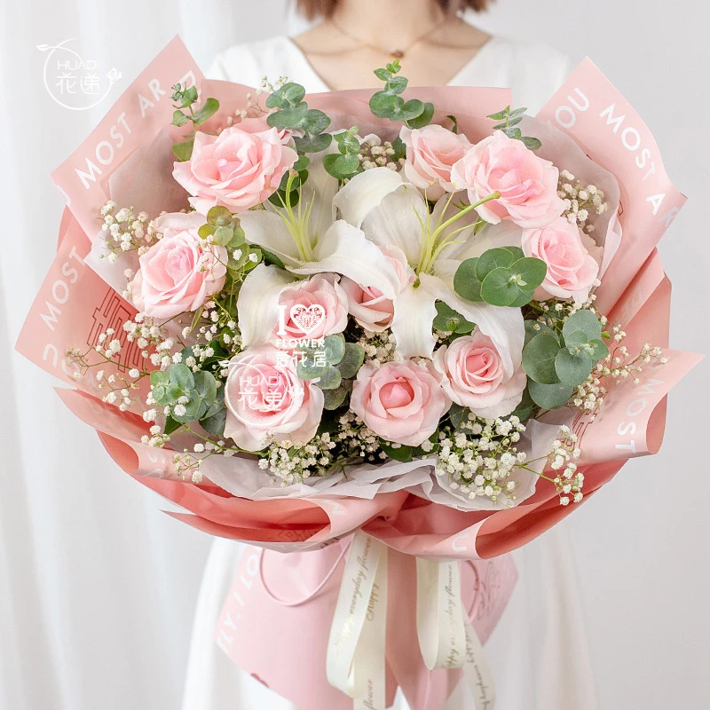 【感恩祝福】11枝粉玫瑰2枝百合花束送长辈送妈妈生日鲜花同城配送花店外卖小时达冬日
