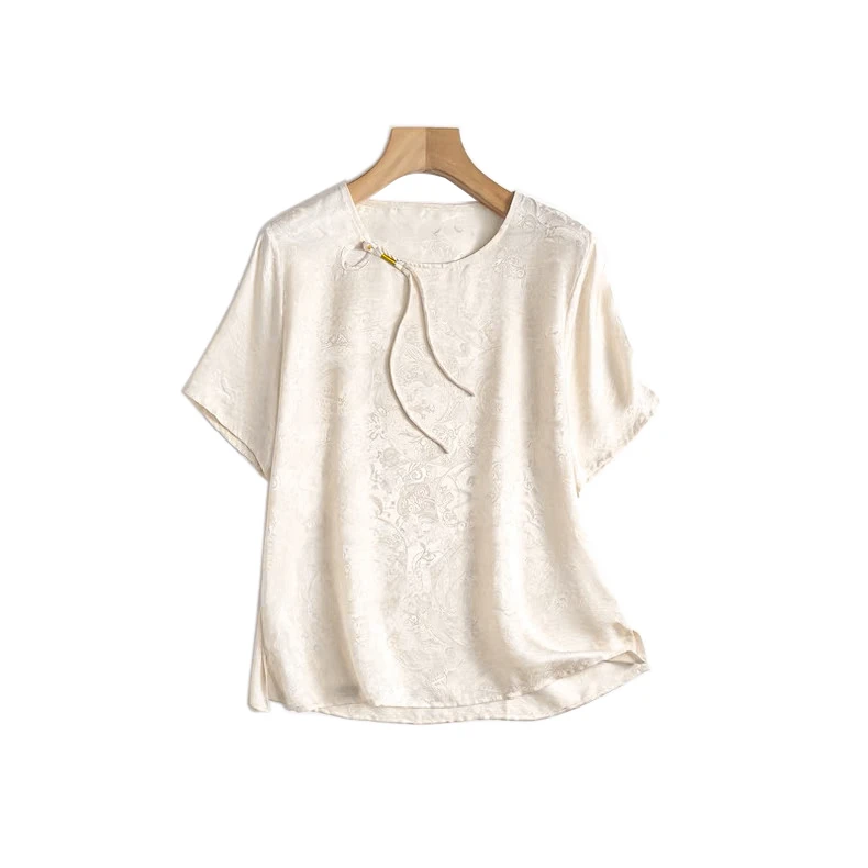 100满分桑蚕丝夏季百搭气质轻奢显瘦中式流苏罗马假日花罗短袖