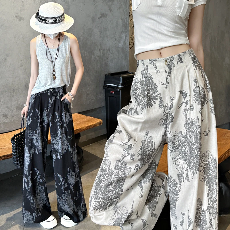 显瘦夏季薄款扎染防蚊裤欧风典雅白描印染G级品通勤直筒小脚裤