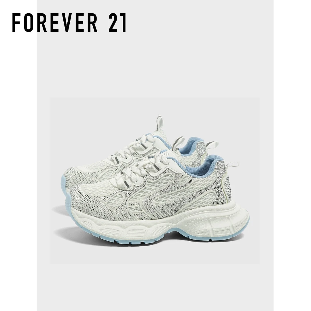 F21水钻老爹鞋女2025新款夏季网面透气厚底小个子增高休闲运动鞋
