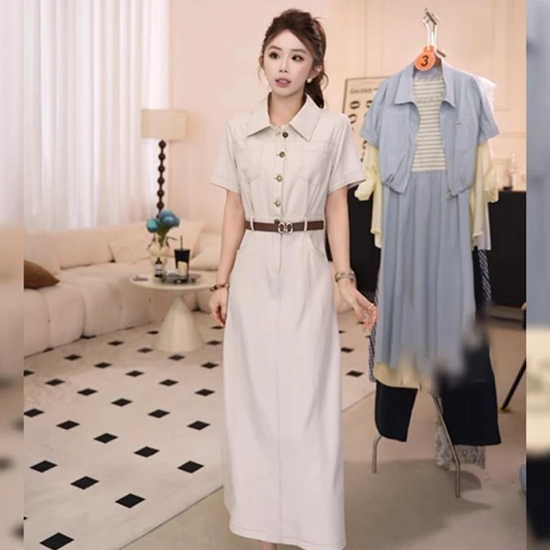 GJ【送腰带】气质翻领短袖连衣裙女2025夏季新款收腰显瘦裙D1632