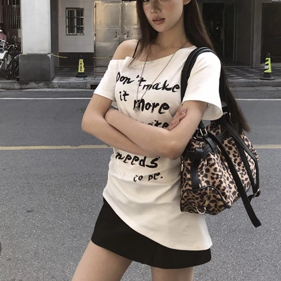 夏季新款修身显瘦时尚百搭短袖气质复古印花T恤斜肩领不规则上衣