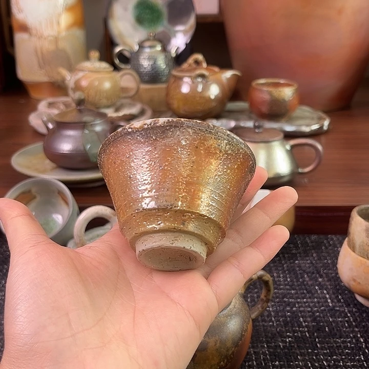 柴烧粗陶七彩斗笠杯