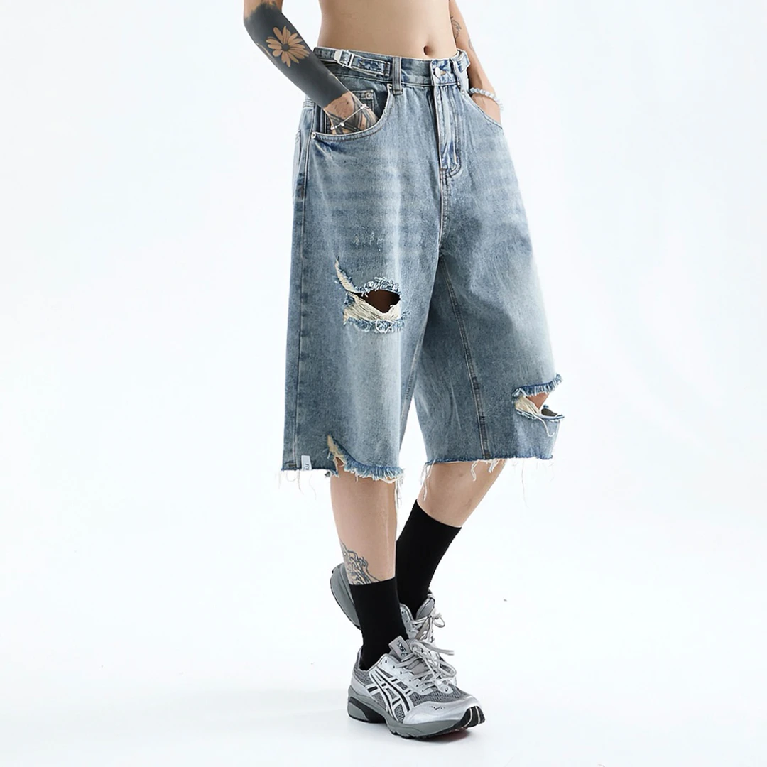 25SS[洗水磨破]潮流破洞毛边牛仔短裤男女夏季新款宽松直筒七分裤