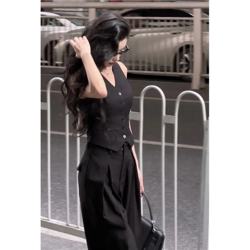 炸街減齡洋派時尚套裝女夏辣妹微胖顯瘦遮肉馬甲闊腿西裝褲兩件套