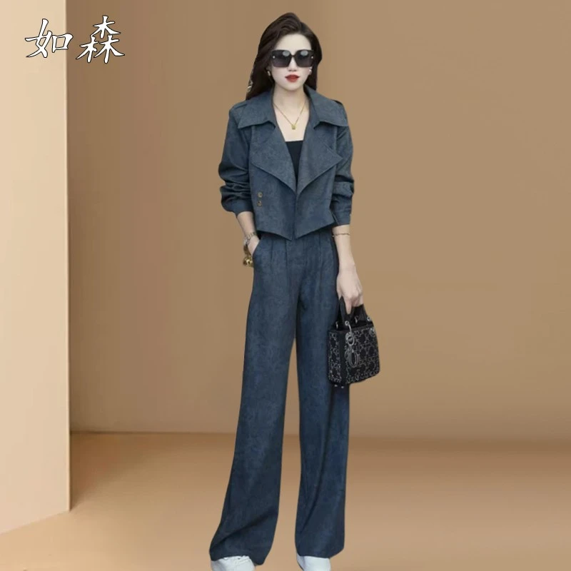 时尚套装女2025春秋新款时髦洋气小个子短外套阔腿裤气质两件套潮