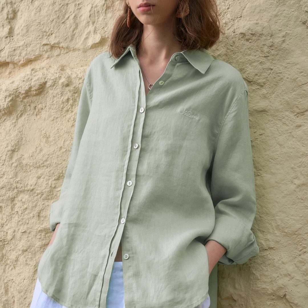 春夏小众设计纯亚麻衬衫女撞色字母绣花长袖上衣百搭防晒开衫衬衣