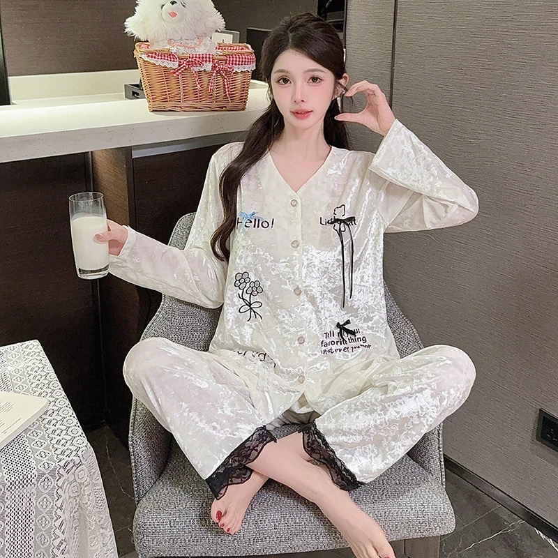 紫柚子金丝绒新款金钻绒睡衣女士甜美可爱卡通休闲家居服套装