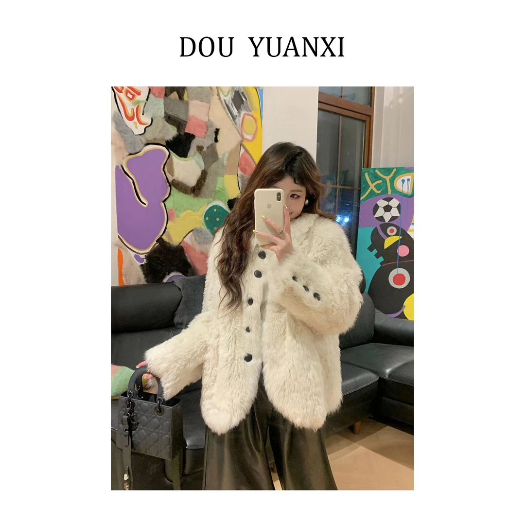 窦元囍【春半桃花】獨家原創 托卡卷毛宽松翻领女冬皮草外套