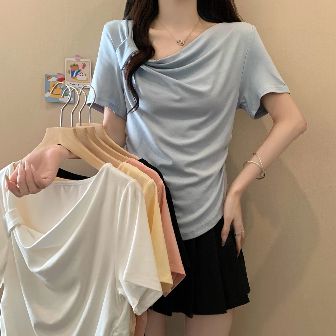 2025大码女装新款设计感不规则褶皱抽绳短袖T恤3177