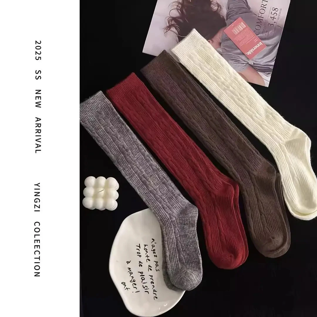博主同款~日系简约麻花纹小腿袜纯色加厚秋冬袜子百搭针织中筒袜