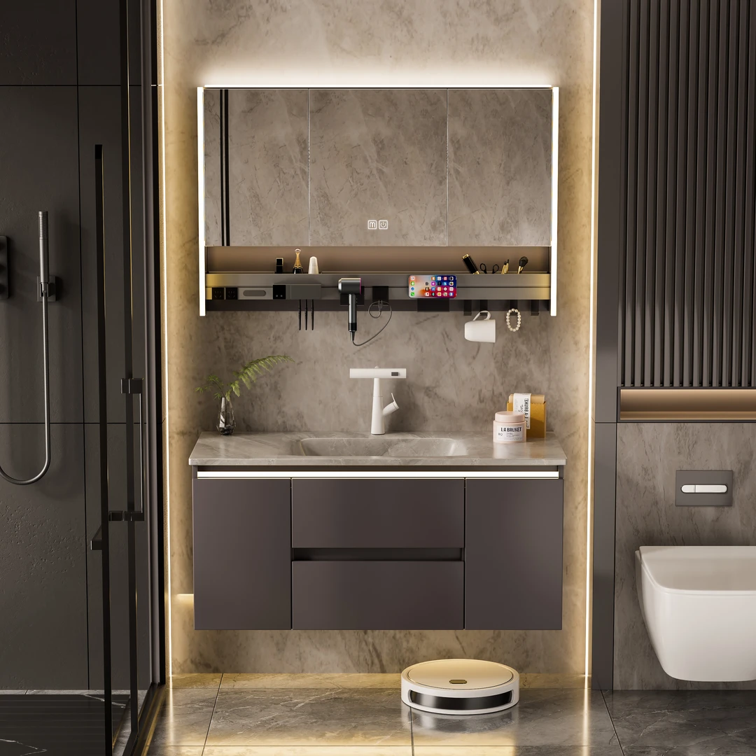 【岩板热弯一体盆】轻奢浴室柜组合洗手台柜卫生间洗漱台洗脸盆柜子