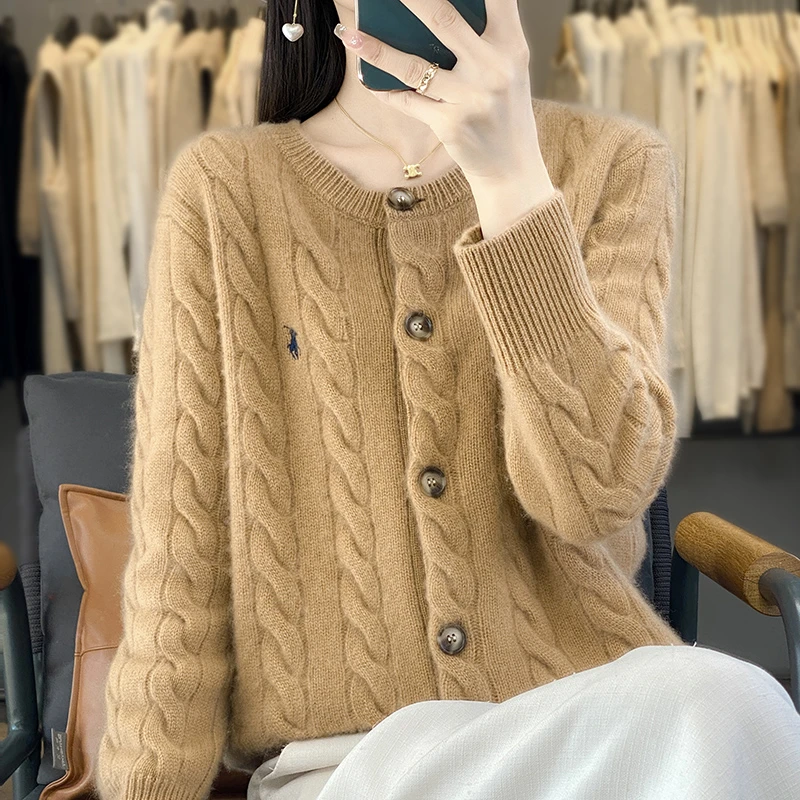 春季绞花羊毛开衫宽松加厚保暖针织羊毛开衫气质百搭扭花圆领开衫