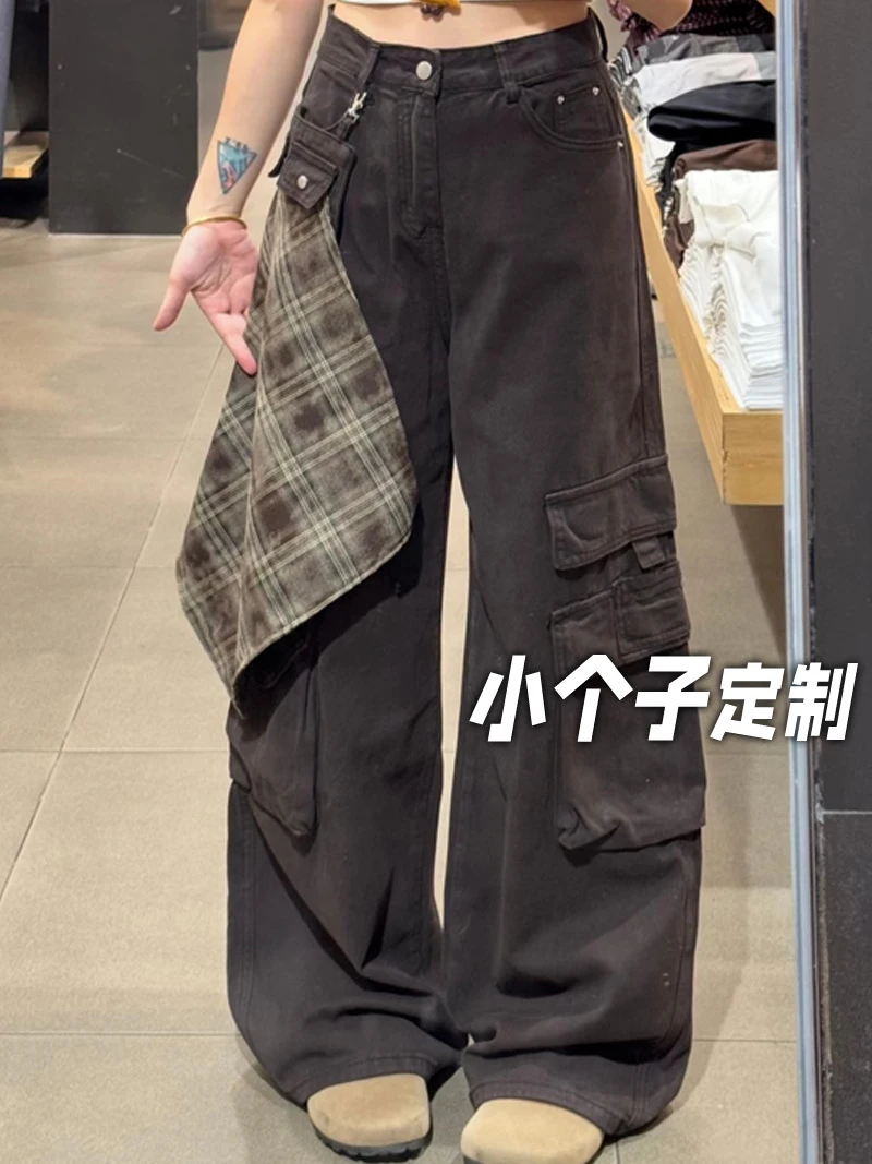 150小矮个子复古屁帘格子牛仔裤女秋高腰阔腿裤美拉德弯刀工装裤