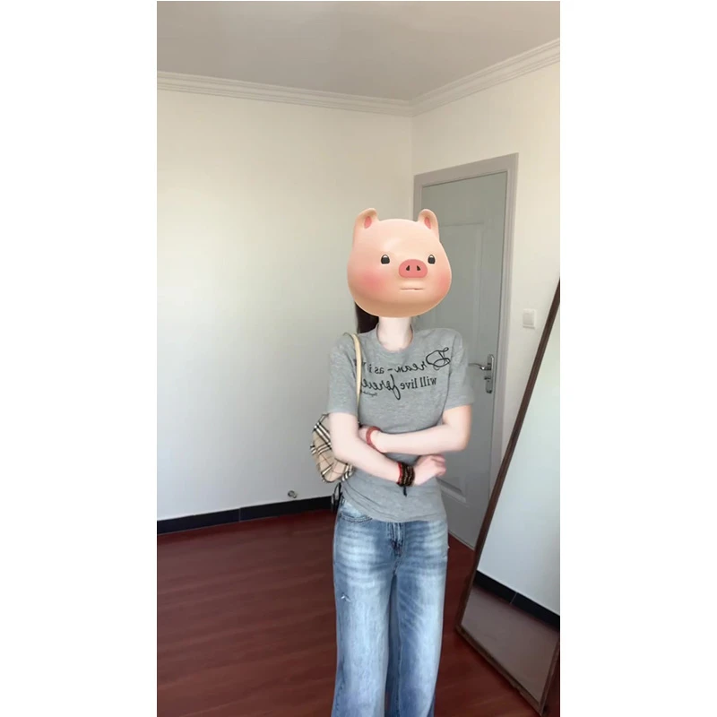 早春韩系穿搭甜美风字母针织短袖上衣两件套女高腰阔腿牛仔裤套装