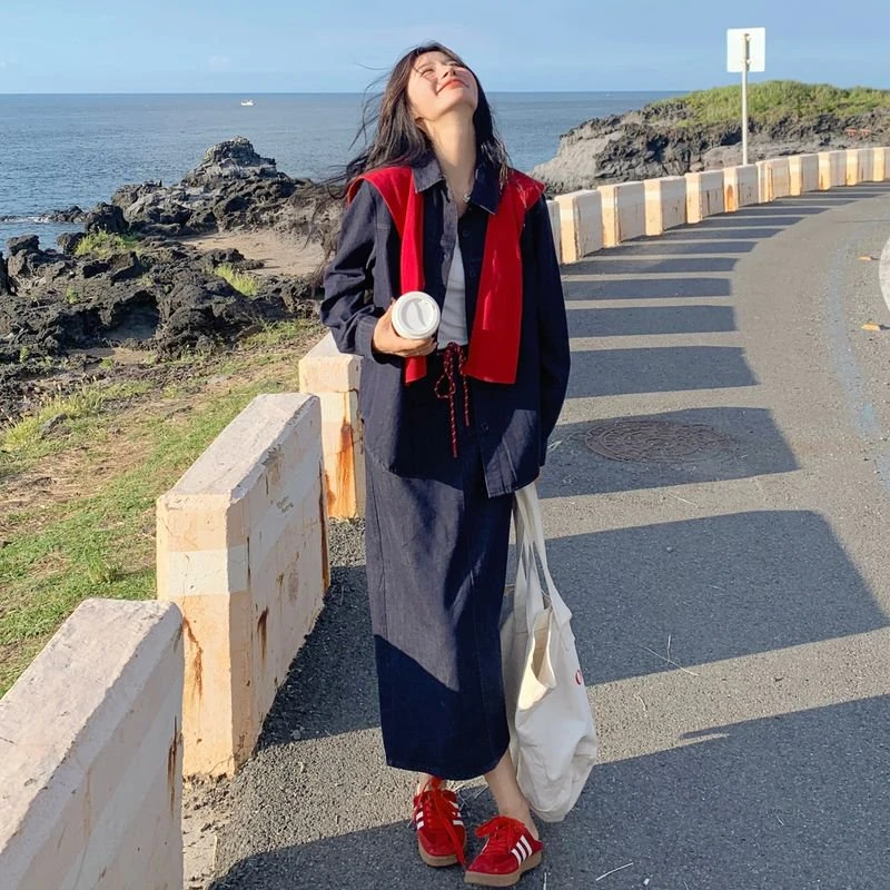 深蓝色港风复古牛仔衬衫套装女2025秋季新款又酷又飒半身裙两件套