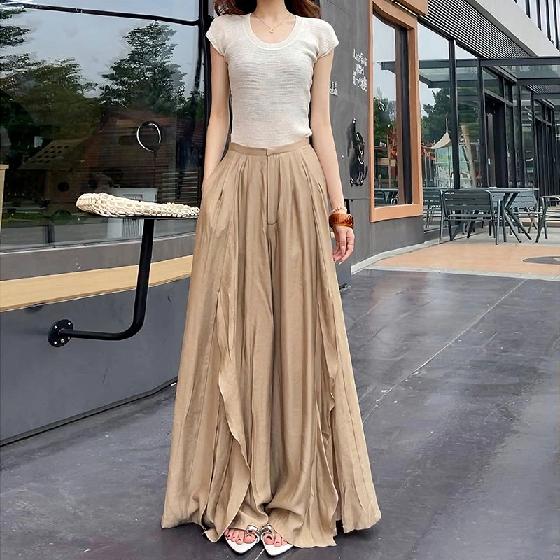 50188休闲阔腿裤2025仙气飘飘国风垂感长裤女透气丝滑棉料裙裤女