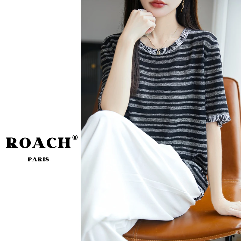 条纹流苏！天丝亚麻针织短袖t恤女2025夏季新款宽松显瘦打底衫半袖