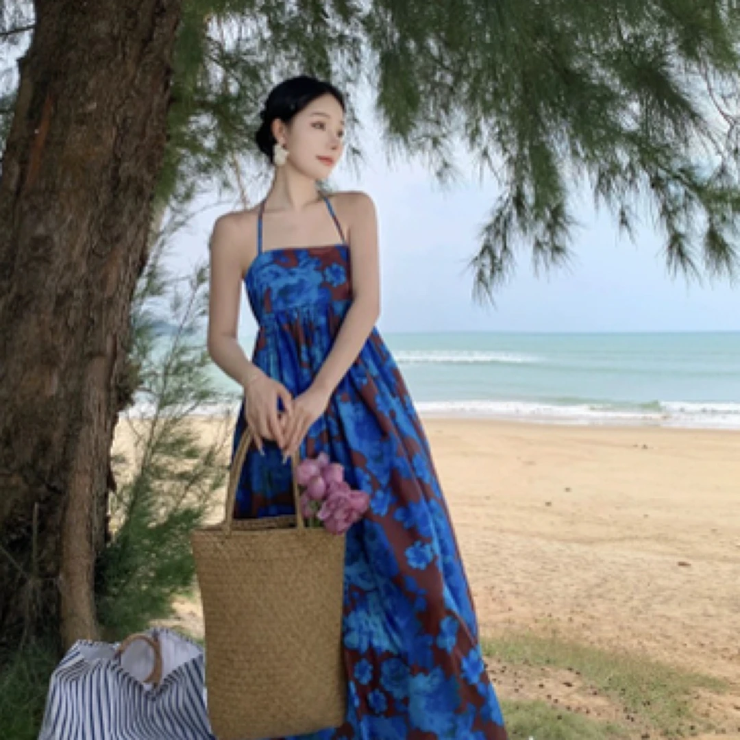 时尚纯色连衣裙法式韩版中长款夏季温柔吊带连衣裙长裙宽松