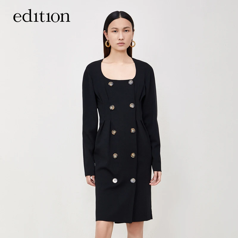 【金拐子专属】edition毛织连衣裙秋双排扣小黑裙#EBB3DRS013