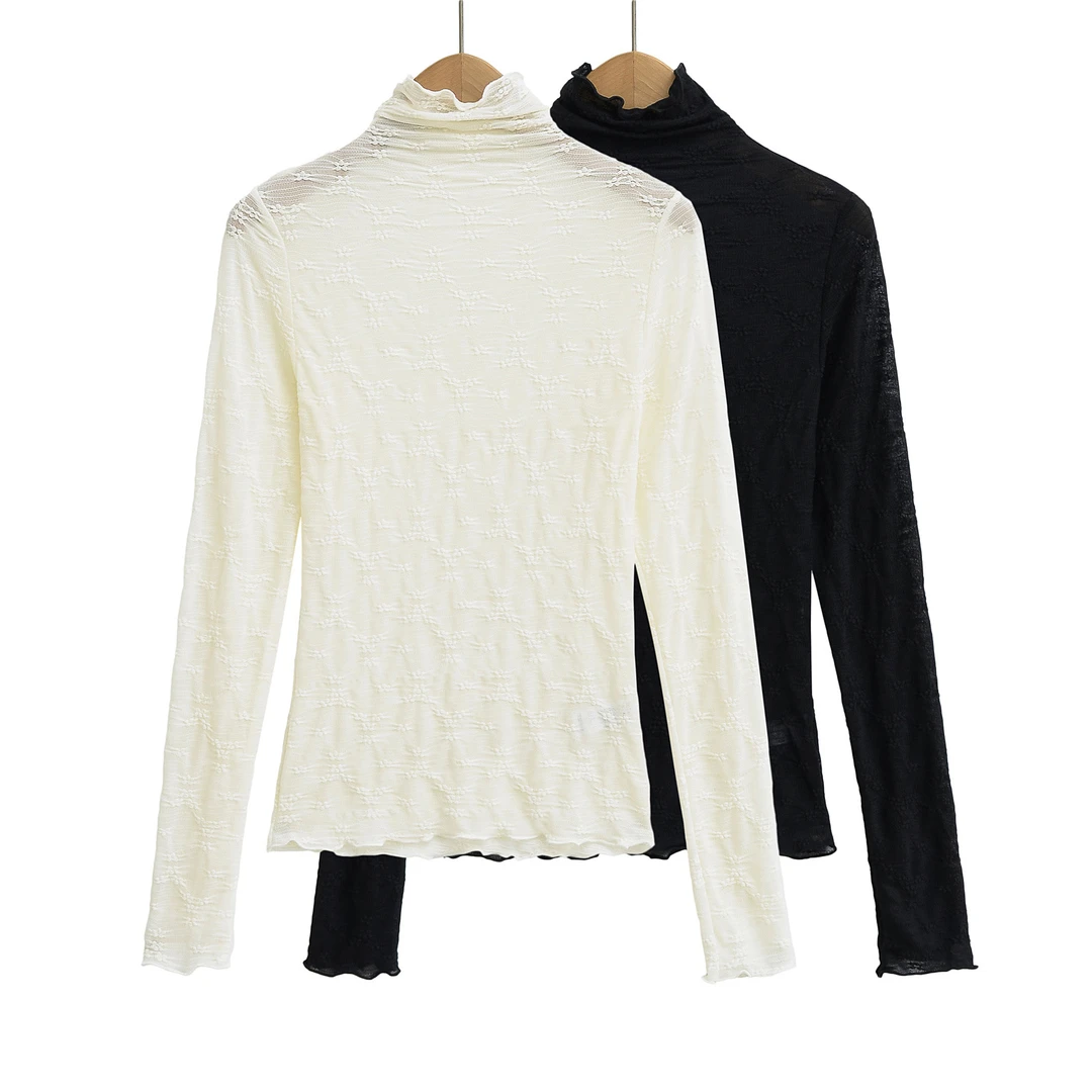 半高领木耳边蕾丝衫长袖T恤女2025新款纯欲薄款微透内搭打底上衣